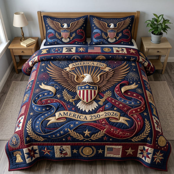 Heritage Patch quilted 3-piece bedding set on a made bed in a farmhouse bedroom