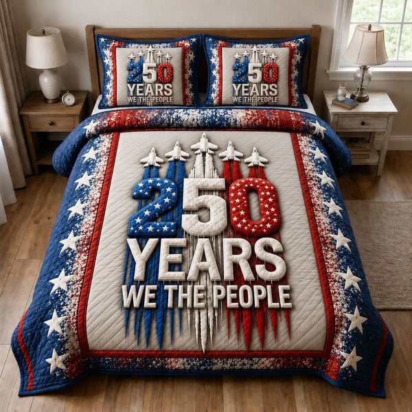 Heritage Patch quilted 3-piece bedding set on a made bed in a farmhouse bedroom