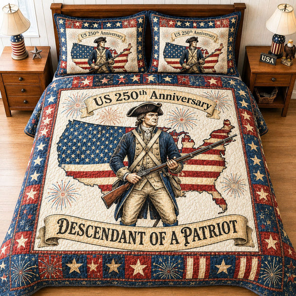 Heritage Patch quilted 3-piece bedding set on a made bed in a farmhouse bedroom