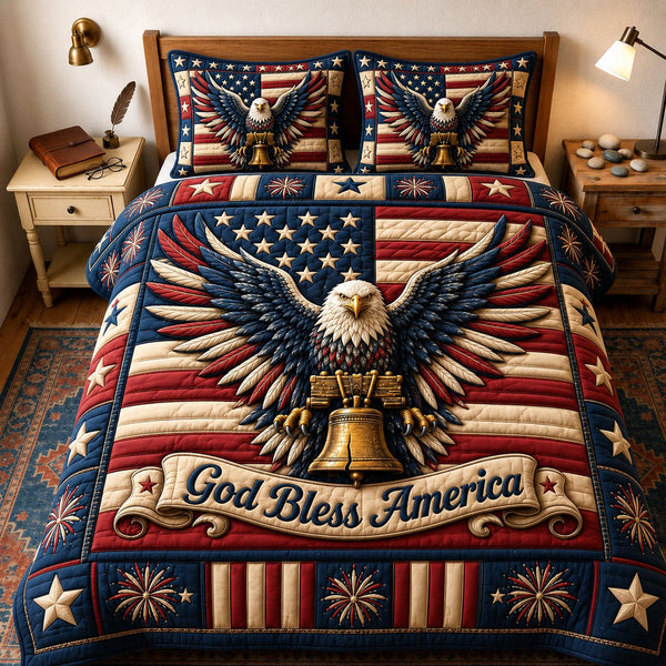 Heritage Patch quilted 3-piece bedding set on a made bed in a farmhouse bedroom