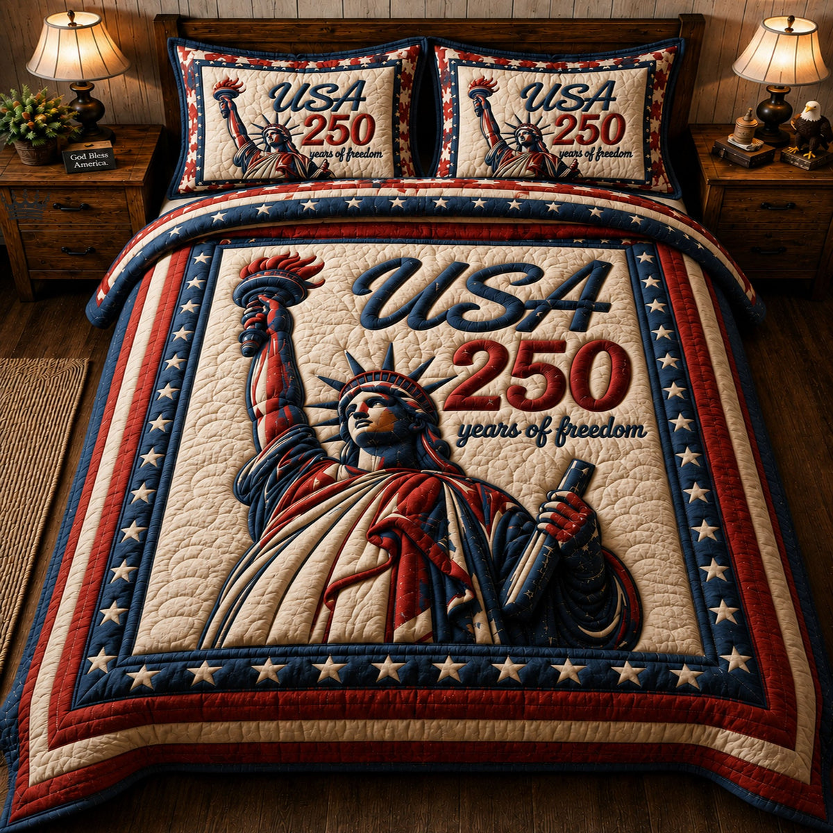Heritage Patch quilted 3-piece bedding set on a made bed in a farmhouse bedroom