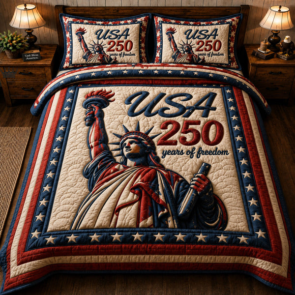 Heritage Patch quilted 3-piece bedding set on a made bed in a farmhouse bedroom