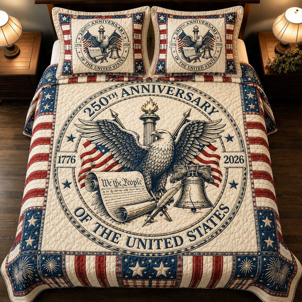 Heritage Patch quilted 3-piece bedding set on a made bed in a farmhouse bedroom
