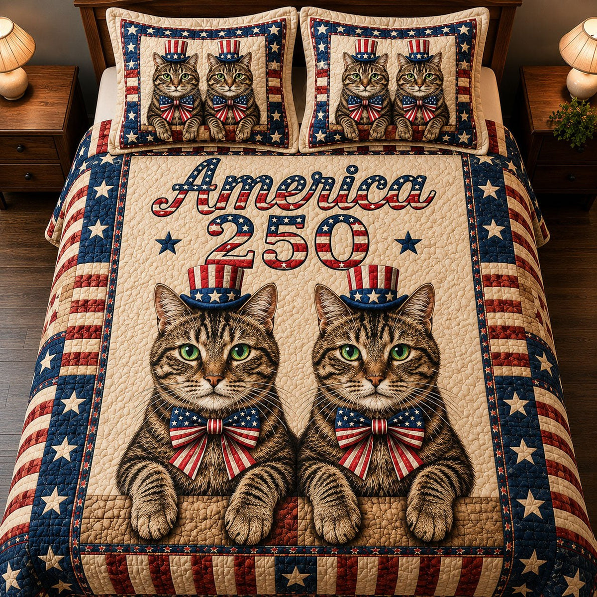 Heritage Patch quilted 3-piece bedding set on a made bed in a farmhouse bedroom