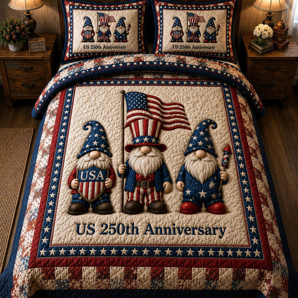 Heritage Patch quilted 3-piece bedding set on a made bed in a farmhouse bedroom