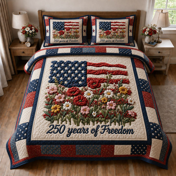 Heritage Patch quilted 3-piece bedding set on a made bed in a farmhouse bedroom