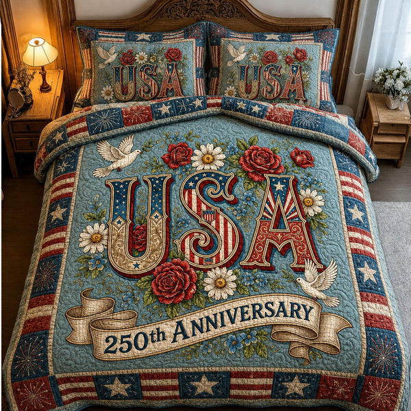 Heritage Patch quilted 3-piece bedding set on a made bed in a farmhouse bedroom