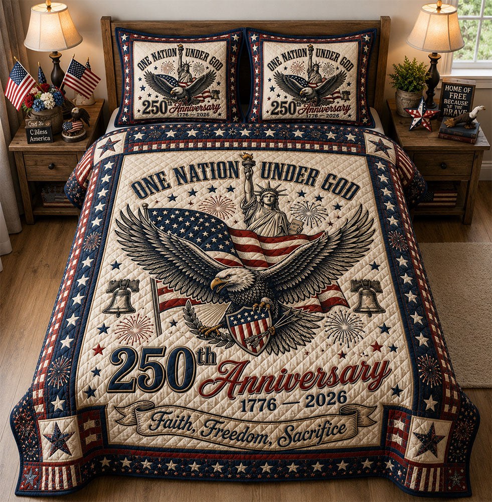 Heritage Patch quilted 3-piece bedding set on a made bed in a farmhouse bedroom