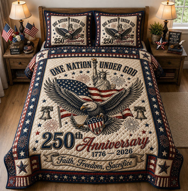 Heritage Patch quilted 3-piece bedding set on a made bed in a farmhouse bedroom