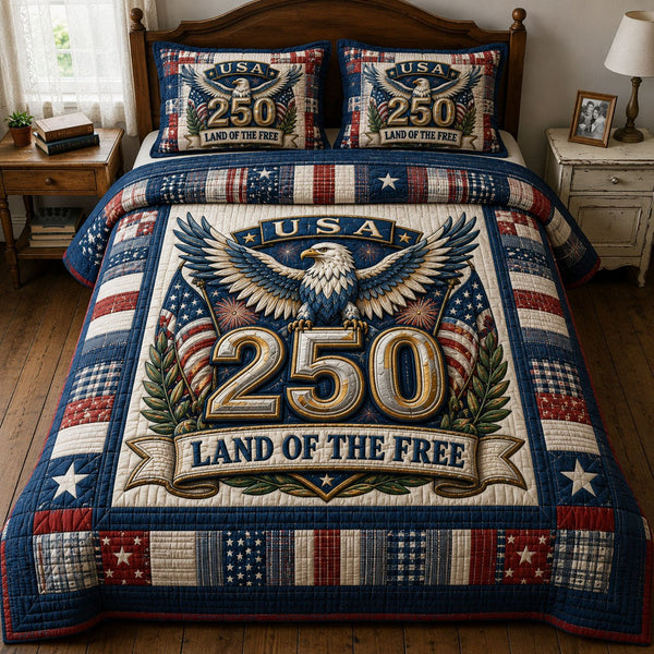 Heritage Patch quilted 3-piece bedding set on a made bed in a farmhouse bedroom