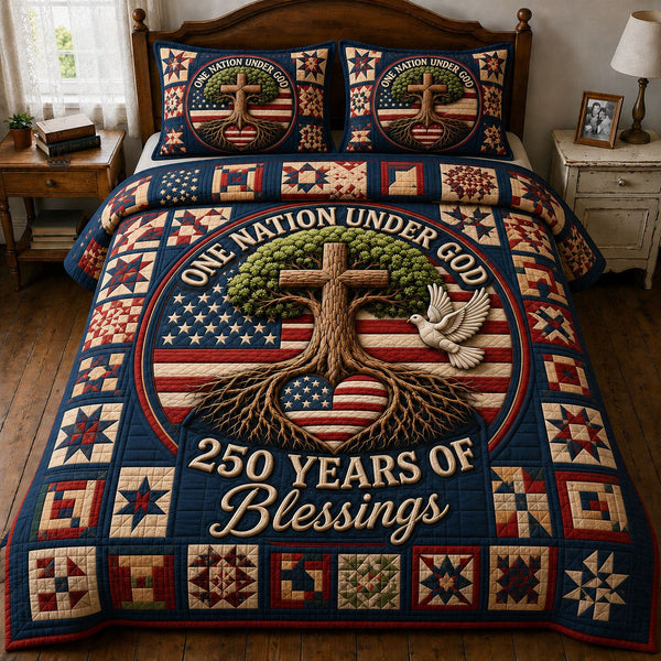 Heritage Patch quilted 3-piece bedding set on a made bed in a farmhouse bedroom