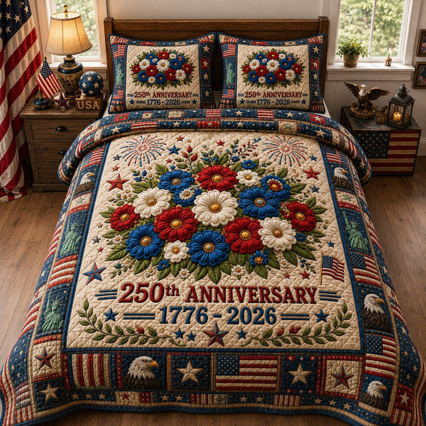 Heritage Patch quilted 3-piece bedding set on a made bed in a farmhouse bedroom