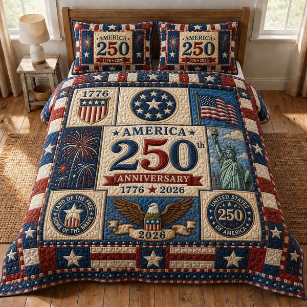 Heritage Patch quilted 3-piece bedding set on a made bed in a farmhouse bedroom