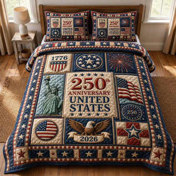 Heritage Patch quilted 3-piece bedding set on a made bed in a farmhouse bedroom