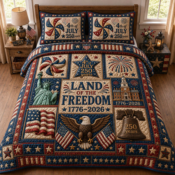 Heritage Patch quilted 3-piece bedding set on a made bed in a farmhouse bedroom