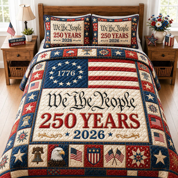 Heritage Patch quilted 3-piece bedding set on a made bed in a farmhouse bedroom