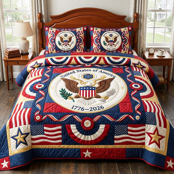 Heritage Patch quilted 3-piece bedding set on a made bed in a farmhouse bedroom