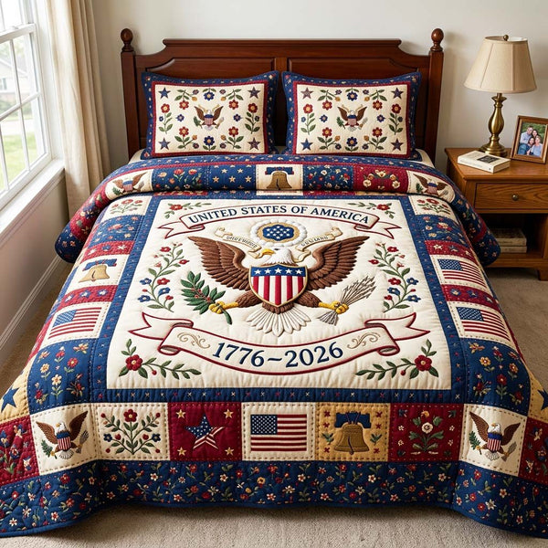 Heritage Patch quilted 3-piece bedding set on a made bed in a farmhouse bedroom