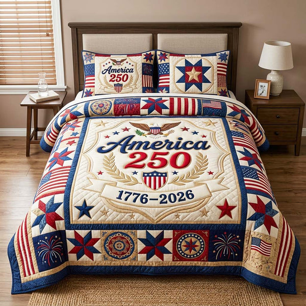 Heritage Patch quilted 3-piece bedding set on a made bed in a farmhouse bedroom
