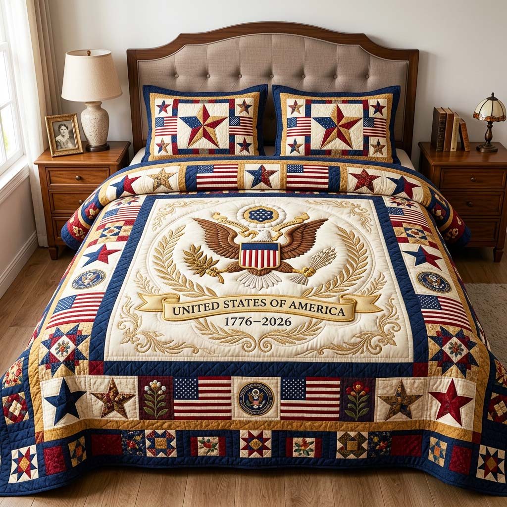 Heritage Patch quilted 3-piece bedding set on a made bed in a farmhouse bedroom
