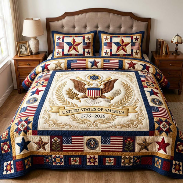 Heritage Patch quilted 3-piece bedding set on a made bed in a farmhouse bedroom