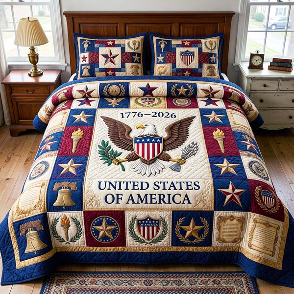 Heritage Patch quilted 3-piece bedding set on a made bed in a farmhouse bedroom