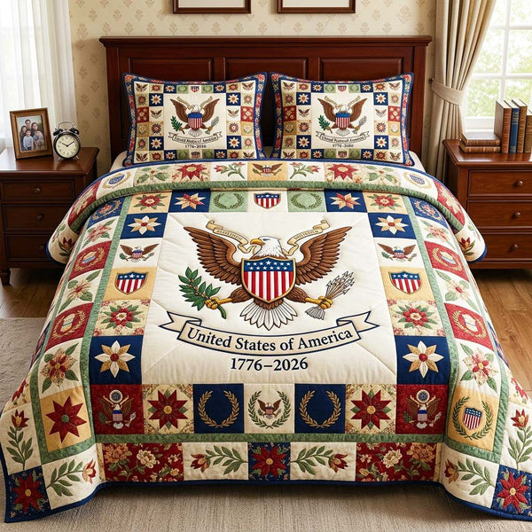 Heritage Patch quilted 3-piece bedding set on a made bed in a farmhouse bedroom