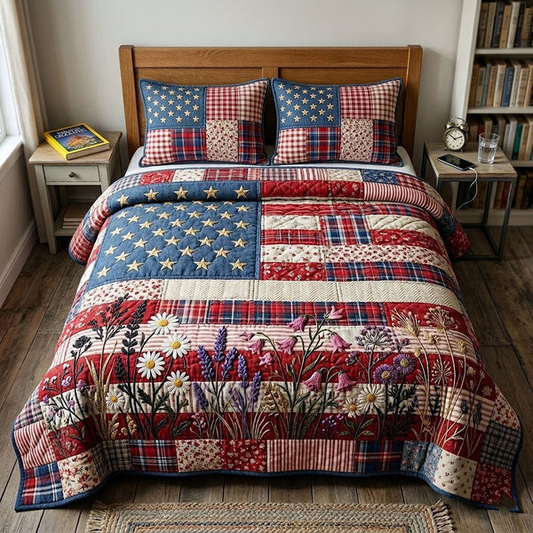 Heritage Patch quilted 3-piece bedding set on a made bed in a farmhouse bedroom