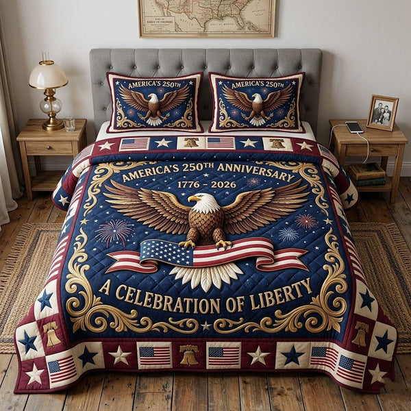 Heritage Patch quilted 3-piece bedding set on a made bed in a farmhouse bedroom