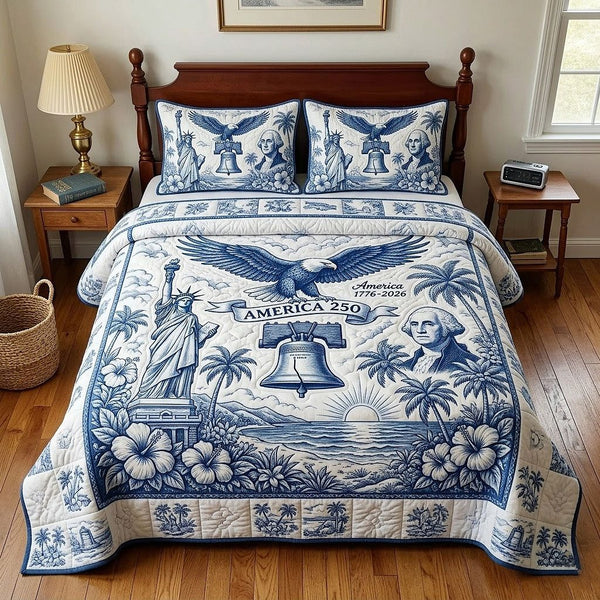 Heritage Patch quilted 3-piece bedding set on a made bed in a farmhouse bedroom