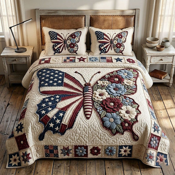 Heritage Patch quilted 3-piece bedding set on a made bed in a farmhouse bedroom