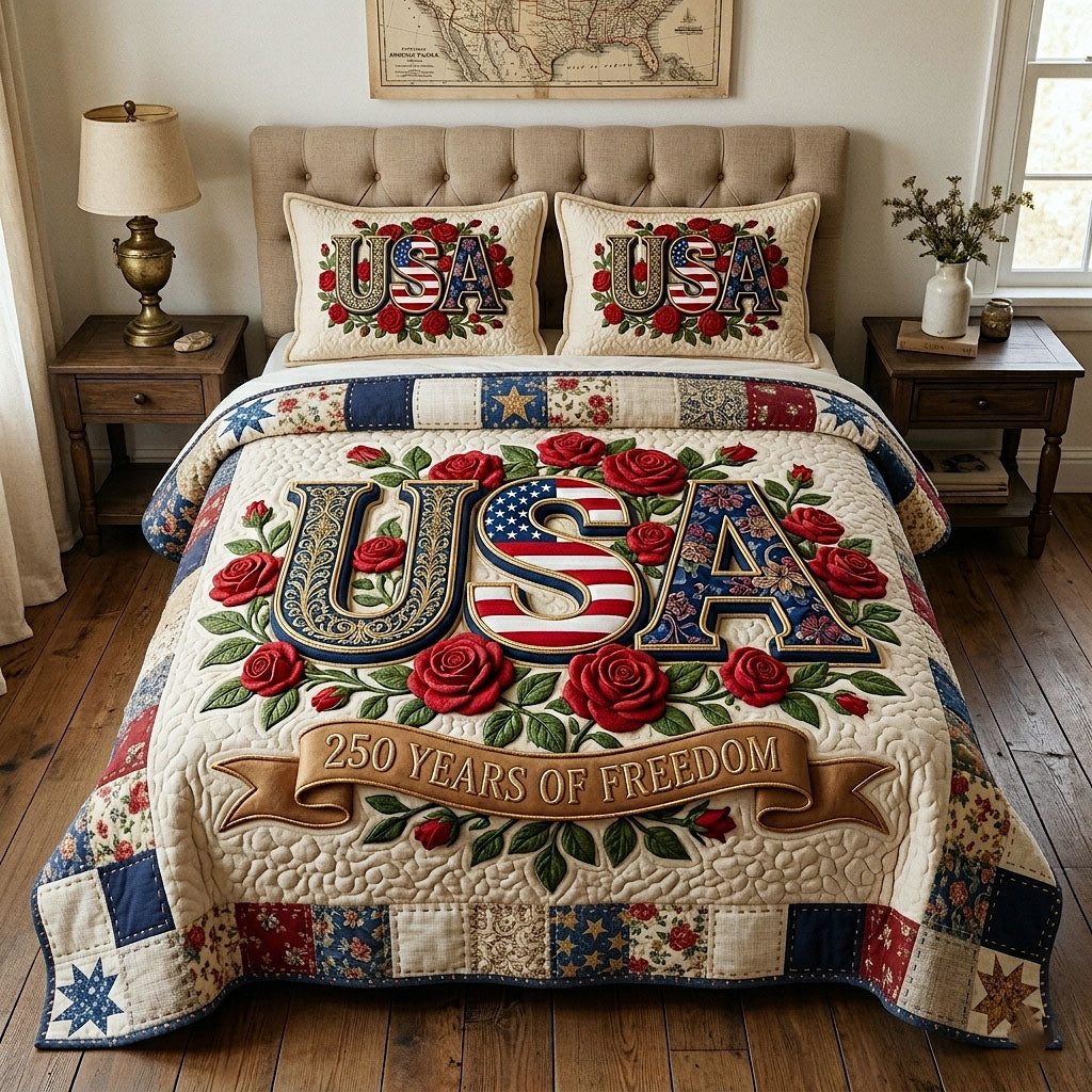 Heritage Patch quilted 3-piece bedding set on a made bed in a farmhouse bedroom