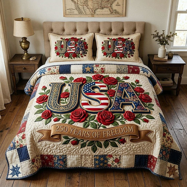 Heritage Patch quilted 3-piece bedding set on a made bed in a farmhouse bedroom