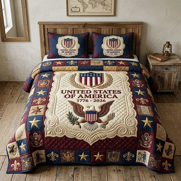 Heritage Patch quilted 3-piece bedding set on a made bed in a farmhouse bedroom