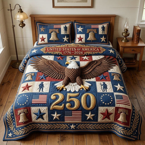 Heritage Patch quilted 3-piece bedding set on a made bed in a farmhouse bedroom
