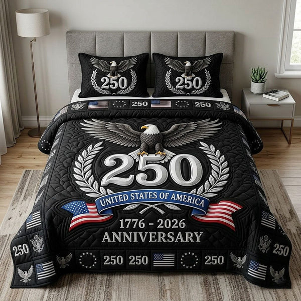 Heritage Patch quilted 3-piece bedding set on a made bed in a farmhouse bedroom