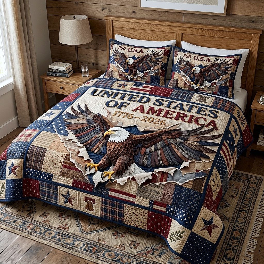Heritage Patch quilted 3-piece bedding set on a made bed in a farmhouse bedroom