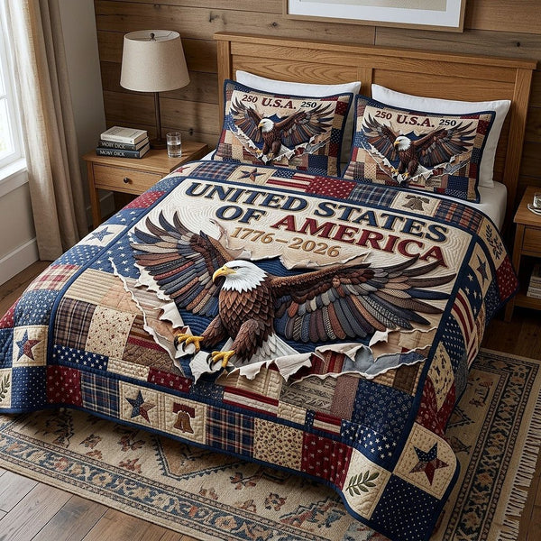 Heritage Patch quilted 3-piece bedding set on a made bed in a farmhouse bedroom