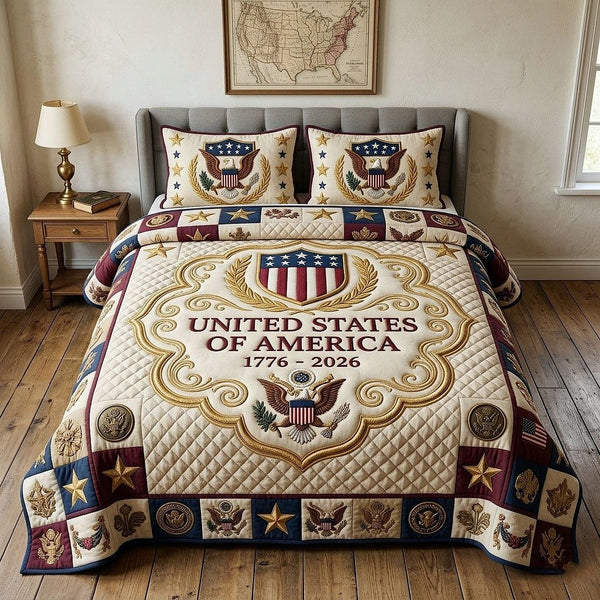 Heritage Patch quilted 3-piece bedding set on a made bed in a farmhouse bedroom
