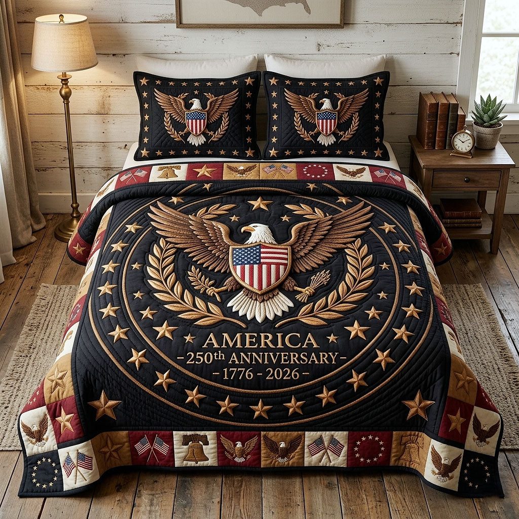 Heritage Patch quilted 3-piece bedding set on a made bed in a farmhouse bedroom