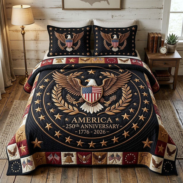 Heritage Patch quilted 3-piece bedding set on a made bed in a farmhouse bedroom