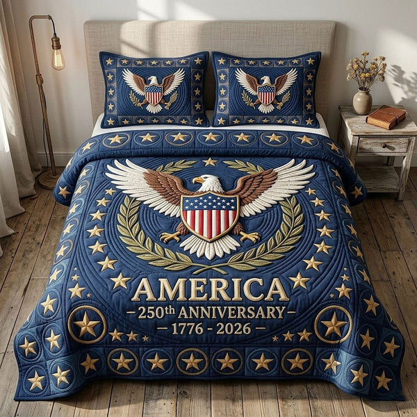 Heritage Patch quilted 3-piece bedding set on a made bed in a farmhouse bedroom