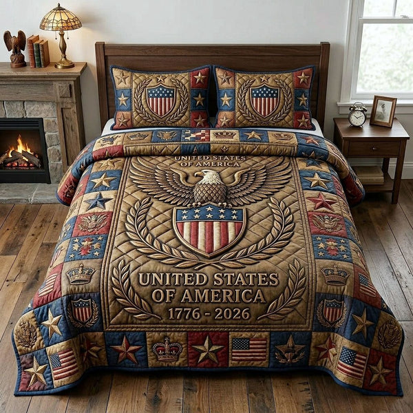 Heritage Patch quilted 3-piece bedding set on a made bed in a farmhouse bedroom