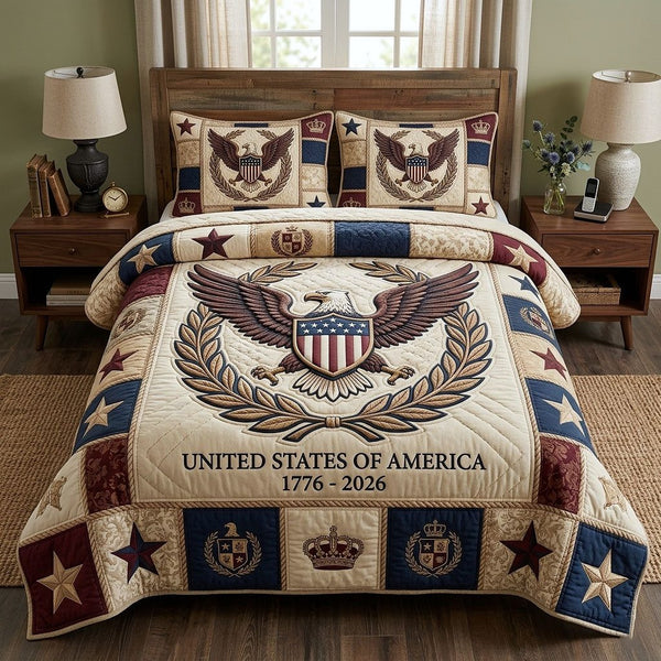 Heritage Patch quilted 3-piece bedding set on a made bed in a farmhouse bedroom