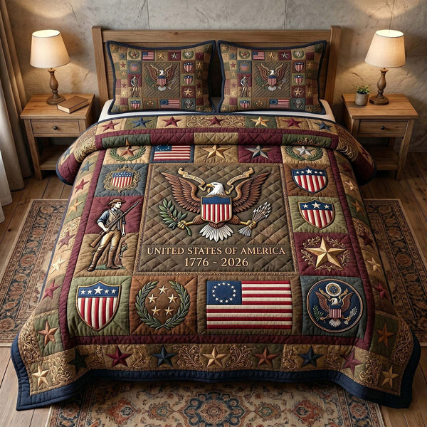 Heritage Patch quilted 3-piece bedding set on a made bed in a farmhouse bedroom