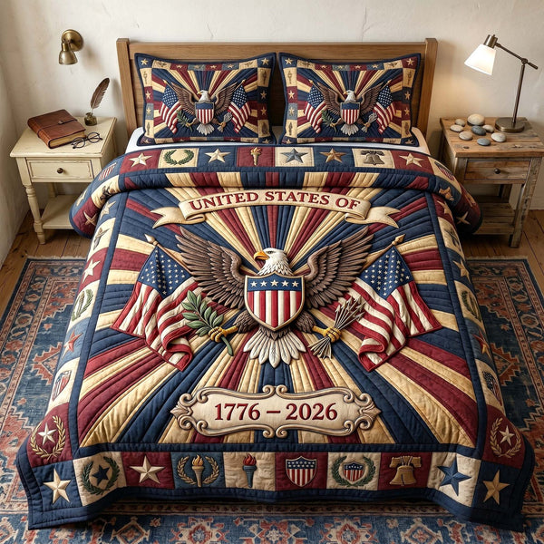 Heritage Patch quilted 3-piece bedding set on a made bed in a farmhouse bedroom