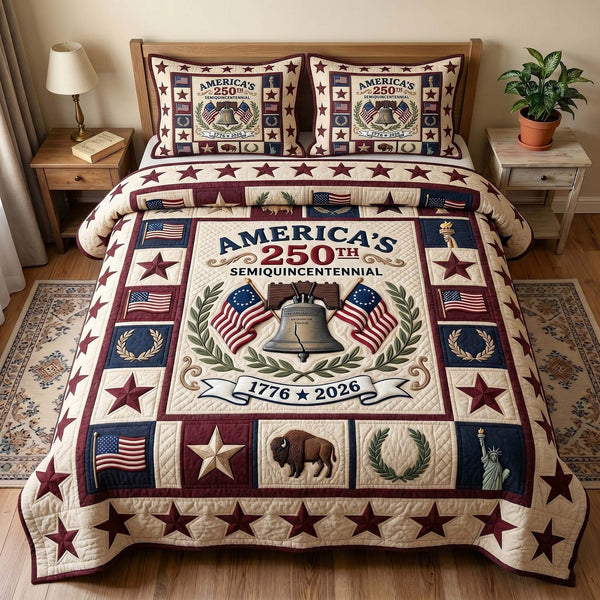 Heritage Patch quilted 3-piece bedding set on a made bed in a farmhouse bedroom