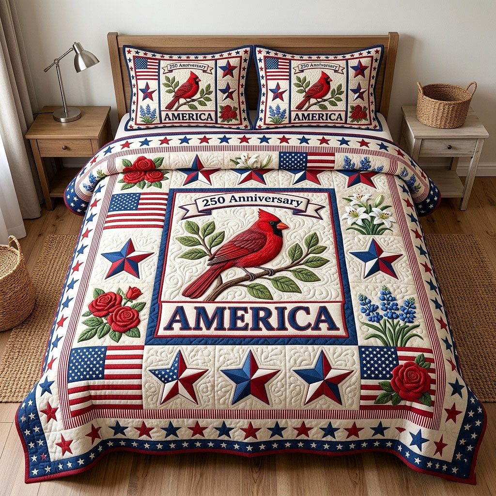Heritage Patch quilted 3-piece bedding set on a made bed in a farmhouse bedroom