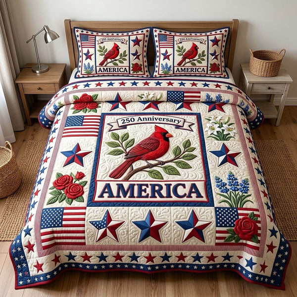 Heritage Patch quilted 3-piece bedding set on a made bed in a farmhouse bedroom