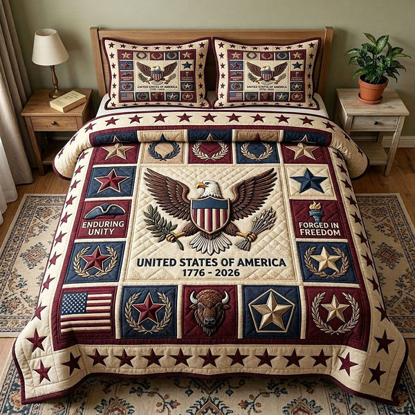 Heritage Patch quilted 3-piece bedding set on a made bed in a farmhouse bedroom